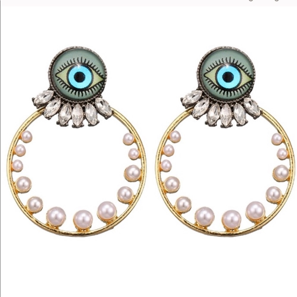 Evil Eye Hoop Gold Tone Earrings with pearls new